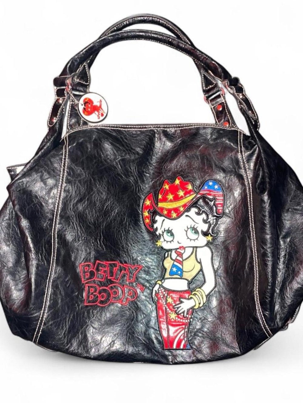 Y2K Betty Boop Black Faux Leather Tote with Patriotic Embroidery Patch Western